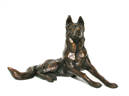Sculpture of a german shepherd dog entitled 'On Alert' (hydrastone edition) 
